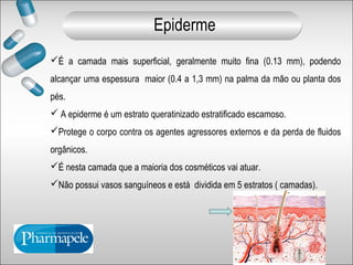É a camada mais superficial, geralmente muito fina (0.13 mm), podendo
alcançar uma espessura maior (0.4 a 1,3 mm) na palma da mão ou planta dos
pés.
 A epiderme é um estrato queratinizado estratificado escamoso.
Protege o corpo contra os agentes agressores externos e da perda de fluidos
orgânicos.
É nesta camada que a maioria dos cosméticos vai atuar.
Não possui vasos sanguíneos e está dividida em 5 estratos ( camadas).
Epiderme
 