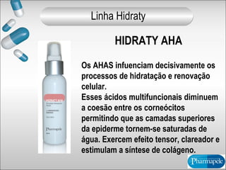 HIDRATY AHA
Os AHAS infuenciam decisivamente os
processos de hidratação e renovação
celular.
Esses ácidos multifuncionais diminuem
a coesão entre os corneócitos
permitindo que as camadas superiores
da epiderme tornem-se saturadas de
água. Exercem efeito tensor, clareador e
estimulam a síntese de colágeno.
Linha Hidraty
 