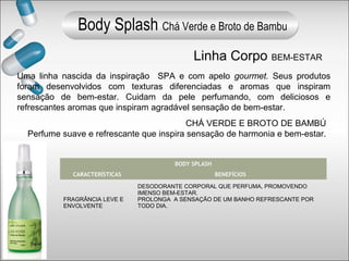 Uma linha nascida da inspiração SPA e com apelo gourmet. Seus produtos
foram desenvolvidos com texturas diferenciadas e aromas que inspiram
sensação de bem-estar. Cuidam da pele perfumando, com deliciosos e
refrescantes aromas que inspiram agradável sensação de bem-estar.
Linha Corpo BEM-ESTAR
CHÁ VERDE E BROTO DE BAMBÚ
Perfume suave e refrescante que inspira sensação de harmonia e bem-estar.
BODY SPLASH
CARACTERÍSTICAS BENEFÍCIOS
FRAGRÂNCIA LEVE E
ENVOLVENTE
DESODORANTE CORPORAL QUE PERFUMA, PROMOVENDO
IMENSO BEM-ESTAR.
PROLONGA A SENSAÇÃO DE UM BANHO REFRESCANTE POR
TODO DIA.
Body Splash Chá Verde e Broto de Bambu
 