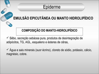 COMPOSIÇÃO DO MANTO-HIDROLIPÍDICO
 Sêbo, secreção sebácea pura, produtos de desintegração de
adipócitos, TG, AGL, esqualeno e ésteres de cêras,
 Água e sais minerais (suor écrino), cloreto de sódio, potássio, cálcio,
magnésio, cobre.
EMULSÃO EPICUTÂNEA OU MANTO HIDROLIPÍDICO
Epiderme
 
