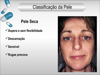 Pele Seca
Áspera e sem flexibilidade
Descamação
Sensível
Rugas precoce
Classificação da Pele
 