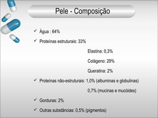  Água : 64%
 Proteínas estruturais: 33%
Elastina: 0,3%
Colágeno: 29%
Queratina: 2%
 Proteínas não-estruturais: 1,0% (albuminas e globulinas)
0,7% (mucinas e mucóides)
 Gorduras: 2%
 Outras substâncias: 0,5% (pigmentos)
Pele - Composição
 