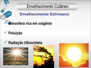 Envelhecimento Extrínseco
 Atmosfera rica em oxigênio
 Poluição
 Radiação Ultravioleta
Envelhecimento Cutâneo
 