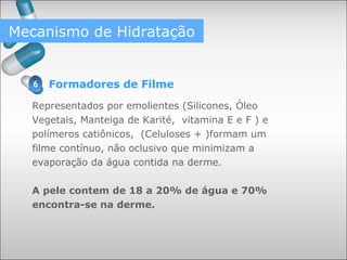 Formadores de Filme
Representados por emolientes (Silicones, Óleo
Vegetais, Manteiga de Karité, vitamina E e F ) e
polímeros catiônicos, (Celuloses + )formam um
filme contínuo, não oclusivo que minimizam a
evaporação da água contida na derme.
A pele contem de 18 a 20% de água e 70%
encontra-se na derme.
Mecanismo de Hidratação
6
 