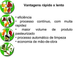 Vantagens rápido x lento
• eficiência
• processo contínuo, com muita
rapidez
•
maior
volume
de
produto
pasteurizado
• processo automático de limpeza
• economia de mão-de-obra

 