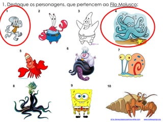 1 2 3 4
1. Destaque os personagens, que pertencem ao Filo Molusco:
5
6 7
8 109
pt-br.disneyclassicosshow.wikia.com www.bobesponja.org
 