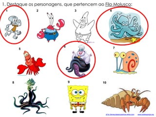 1 2 3 4
1. Destaque os personagens, que pertencem ao Filo Molusco:
5
6 7
8 109
pt-br.disneyclassicosshow.wikia.com www.bobesponja.org
 