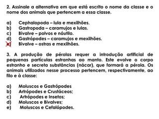 2. Assinale a alternativa em que está escrito o nome da classe e o
nome dos animais que pertencem a essa classe.
a) Cephalopoda – lula e mexilhões.
b) Gastropoda – caramujos e lulas.
c) Bivalve – polvos e náutilo.
d) Gastrópodes – caramujos e mexilhões.
e) Bivalve – ostras e mexilhões.
3. A produção de pérolas requer a introdução artificial de
pequenas partículas estranhas ao manto. Este evolve o corpo
estranho e secreta substâncias (nácar), que formará a pérola. Os
animais utilizados nesse processo pertencem, respectivamente, ao
filo e à classe:
a) Moluscos e Gastrópodes
b) Artrópodes e Crustáceos;
c) Artrópodes e Insetos;
d) Moluscos e Bivalves;
e) Moluscos e Cefalópodes.
 
