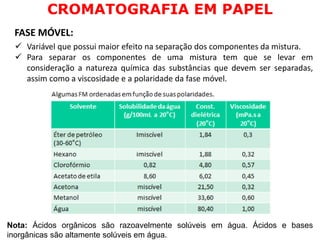 FASE MÓVEL:
Nota: Ácidos orgânicos são razoavelmente solúveis em água. Ácidos e bases
inorgânicas são altamente solúveis em água.
 Variável que possui maior efeito na separação dos componentes da mistura.
 Para separar os componentes de uma mistura tem que se levar em
consideração a natureza química das substâncias que devem ser separadas,
assim como a viscosidade e a polaridade da fase móvel.
CROMATOGRAFIA EM PAPEL
 