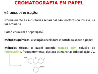 Normalmente as substâncias separadas são incolores ou invisíveis à
luz ordinária.
Como visualizar a separação?
Métodos químicos: a solução reveladora é borrifada sobre o papel.
Métodos físicos: o papel quando tratado com solução de
fluoresceína, frequentemente, destaca as manchas sob radiação UV.
MÉTODOS DE DETECÇÃO:
CROMATOGRAFIA EM PAPEL
 