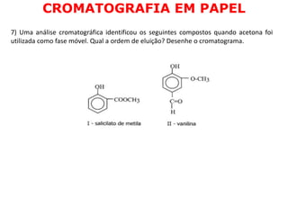 7) Uma análise cromatográfica identificou os seguintes compostos quando acetona foi
utilizada como fase móvel. Qual a ordem de eluição? Desenhe o cromatograma.
CROMATOGRAFIA EM PAPEL
 