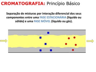 CROMATOGRAFIA: Princípio Básico
Separação de misturas por interação diferencial dos seus
componentes entre uma FASE ESTACIONÁRIA (líquido ou
sólido) e uma FASE MÓVEL (líquido ou gás).
 