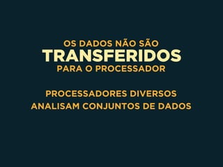 TRANSFERIDOS
OS DADOS NÃO SÃO
PARA O PROCESSADOR
PROCESSADORES DIVERSOS
ANALISAM CONJUNTOS DE DADOS
 