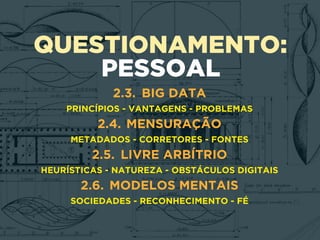 QUESTIONAMENTO:
PESSOAL
2.3. BIG DATA
PRINCÍPIOS - VANTAGENS - PROBLEMAS
2.4. MENSURAÇÃO
METADADOS - CORRETORES - FONTES
2.5. LIVRE ARBÍTRIO
HEURÍSTICAS - NATUREZA - OBSTÁCULOS DIGITAIS
2.6. MODELOS MENTAIS
SOCIEDADES - RECONHECIMENTO - FÉ
 