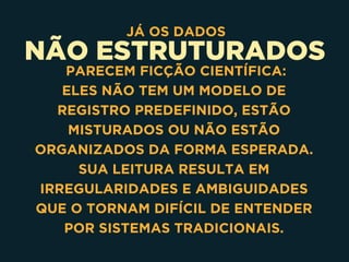 NÃO ESTRUTURADOS
JÁ OS DADOS
PARECEM FICÇÃO CIENTÍFICA:
ELES NÃO TEM UM MODELO DE
REGISTRO PREDEFINIDO, ESTÃO
MISTURADOS OU NÃO ESTÃO
ORGANIZADOS DA FORMA ESPERADA.
SUA LEITURA RESULTA EM
IRREGULARIDADES E AMBIGUIDADES
QUE O TORNAM DIFÍCIL DE ENTENDER
POR SISTEMAS TRADICIONAIS.
 