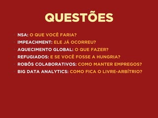QUESTÕES
• NSA: O QUE VOCÊ FARIA?
• IMPEACHMENT: ELE JÁ OCORREU?
• AQUECIMENTO GLOBAL: O QUE FAZER?
• REFUGIADOS: E SE VOCÊ FOSSE A HUNGRIA?
• ROBÔS COLABORATIVOS: COMO MANTER EMPREGOS?
• BIG DATA ANALYTICS: COMO FICA O LIVRE-ARBÍTRIO?
 
