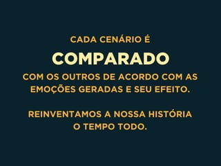 COMPARADO
CADA CENÁRIO É
COM OS OUTROS DE ACORDO COM AS
EMOÇÕES GERADAS E SEU EFEITO.
REINVENTAMOS A NOSSA HISTÓRIA
O TEMPO TODO.
 