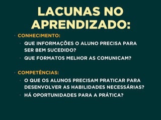 LACUNAS NO
APRENDIZADO:
• CONHECIMENTO:
• QUE INFORMAÇÕES O ALUNO PRECISA PARA
SER BEM SUCEDIDO?
• QUE FORMATOS MELHOR AS COMUNICAM? 
• COMPETÊNCIAS:
• O QUE OS ALUNOS PRECISAM PRATICAR PARA
DESENVOLVER AS HABILIDADES NECESSÁRIAS?
• HÁ OPORTUNIDADES PARA A PRÁTICA?
 