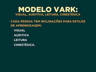 MODELO VARK:VISUAL, AUDITIVA, LEITURA, CINESTÉSICA
• CADA PESSOA TEM INCLINAÇÕES PARA ESTILOS
DE APRENDIZAGEM:
• VISUAL
• AUDITIVA
• LEITURA
• CINESTÉSICA.
 