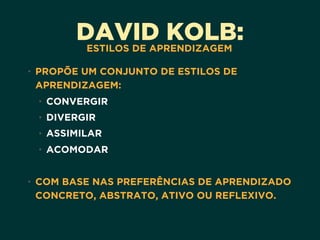 DAVID KOLB:ESTILOS DE APRENDIZAGEM
• PROPÕE UM CONJUNTO DE ESTILOS DE
APRENDIZAGEM:
• CONVERGIR
• DIVERGIR
• ASSIMILAR
• ACOMODAR
• COM BASE NAS PREFERÊNCIAS DE APRENDIZADO
CONCRETO, ABSTRATO, ATIVO OU REFLEXIVO.
 
