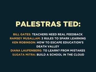 PALESTRAS TED:
BILL GATES: TEACHERS NEED REAL FEEDBACK
RAMSEY MUSALLAM: 3 RULES TO SPARK LEARNING
KEN ROBINSON: HOW TO ESCAPE EDUCATION'S
DEATH VALLEY
DIANA LAUFENBERG: TO LEARN? FROM MISTAKES
SUGATA MITRA: BUILD A SCHOOL IN THE CLOUD
 