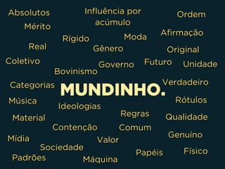 MUNDINHO.
Absolutos
Música
Influência por
acúmulo
Ordem
Afirmação
Categorias
Original
Coletivo
Físico
Rígido
Futuro
Padrões
Gênero
Rótulos
Genuíno
Contenção
Bovinismo
Real
Ideologias
Qualidade
Papéis
Regras
Governo
Sociedade
Máquina
Mérito
Material
Mídia
Moda
Valor
Verdadeiro
Comum
Unidade
 
