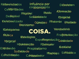 Absolutos
Música
Influência por
acúmulo
Ordem
Afirmação
Categorias
Original
Coletivo
Físico
Rígido
Futuro
Padrões
Gênero
Rótulos
Genuíno
Contenção
Bovinismo
Real
Ideologias
Qualidade
Papéis
Regras
Governo
Sociedade
Máquina
Mérito
Material
Mídia
Moda
Valor
Verdadeiro
Comum
Unidade
COISA.
Referenciados
DJs
Influência por
conhecimento
Desordem
Conversa
Relativismo
Pastiche
Personalizado
Simbólico
Flexível
Presente
Combinação
Sexualidade
Fragmentação
Artificial
Hedonismo
Ativismo
Desejável
Ecletismo
Marca
Mashups
Experimentação
ONGs
Tribo
Computador
Celebridades
Digital
Expressão
Estilo
Pragmatismo
Verossímil
Particular
Fluidez
 