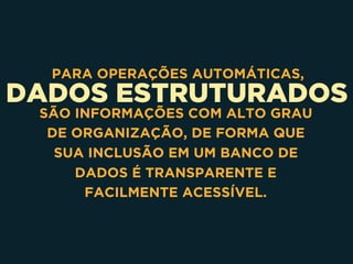 DADOS ESTRUTURADOS
PARA OPERAÇÕES AUTOMÁTICAS,
SÃO INFORMAÇÕES COM ALTO GRAU
DE ORGANIZAÇÃO, DE FORMA QUE
SUA INCLUSÃO EM UM BANCO DE
DADOS É TRANSPARENTE E
FACILMENTE ACESSÍVEL.
 