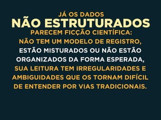 NÃO ESTRUTURADOS
JÁ OS DADOS
PARECEM FICÇÃO CIENTÍFICA:
NÃO TEM UM MODELO DE REGISTRO,
ESTÃO MISTURADOS OU NÃO ESTÃO
ORGANIZADOS DA FORMA ESPERADA,
SUA LEITURA TEM IRREGULARIDADES E
AMBIGUIDADES QUE OS TORNAM DIFÍCIL
DE ENTENDER POR VIAS TRADICIONAIS.
 