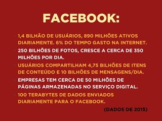 FACEBOOK:
• 1,4 BILHÃO DE USUÁRIOS, 890 MILHÕES ATIVOS
DIARIAMENTE. 6% DO TEMPO GASTO NA INTERNET.
• 250 BILHÕES DE FOTOS, CRESCE A CERCA DE 350
MILHÕES POR DIA.
• USUÁRIOS COMPARTILHAM 4,75 BILHÕES DE ITENS
DE CONTEÚDO E 10 BILHÕES DE MENSAGENS/DIA.
• EMPRESAS TEM CERCA DE 50 MILHÕES DE
PÁGINAS ARMAZENADAS NO SERVIÇO DIGITAL.
• 100 TERABYTES DE DADOS ENVIADOS
DIARIAMENTE PARA O FACEBOOK.
(DADOS DE 2015)
 