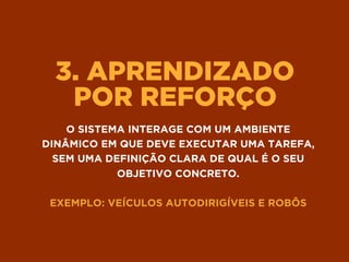 3. APRENDIZADO 
POR REFORÇO
O SISTEMA INTERAGE COM UM AMBIENTE
DINÂMICO EM QUE DEVE EXECUTAR UMA TAREFA,
SEM UMA DEFINIÇÃO CLARA DE QUAL É O SEU
OBJETIVO CONCRETO.
EXEMPLO: VEÍCULOS AUTODIRIGÍVEIS E ROBÔS
 
