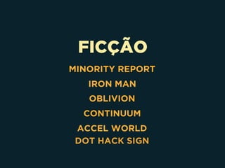 FICÇÃO
MINORITY REPORT
IRON MAN
OBLIVION
CONTINUUM
ACCEL WORLD
DOT HACK SIGN
 