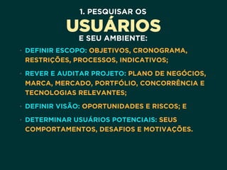 1. PESQUISAR OS
USUÁRIOS
E SEU AMBIENTE:
• DEFINIR ESCOPO: OBJETIVOS, CRONOGRAMA,
RESTRIÇÕES, PROCESSOS, INDICATIVOS;
• REVER E AUDITAR PROJETO: PLANO DE NEGÓCIOS,
MARCA, MERCADO, PORTFÓLIO, CONCORRÊNCIA E
TECNOLOGIAS RELEVANTES;
• DEFINIR VISÃO: OPORTUNIDADES E RISCOS; E
• DETERMINAR USUÁRIOS POTENCIAIS: SEUS
COMPORTAMENTOS, DESAFIOS E MOTIVAÇÕES.
 