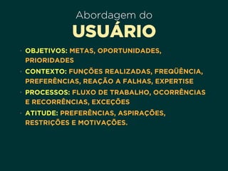 Abordagem do
USUÁRIO
• OBJETIVOS: METAS, OPORTUNIDADES,
PRIORIDADES
• CONTEXTO: FUNÇÕES REALIZADAS, FREQÜÊNCIA,
PREFERÊNCIAS, REAÇÃO A FALHAS, EXPERTISE
• PROCESSOS: FLUXO DE TRABALHO, OCORRÊNCIAS
E RECORRÊNCIAS, EXCEÇÕES
• ATITUDE: PREFERÊNCIAS, ASPIRAÇÕES,
RESTRIÇÕES E MOTIVAÇÕES.
 
