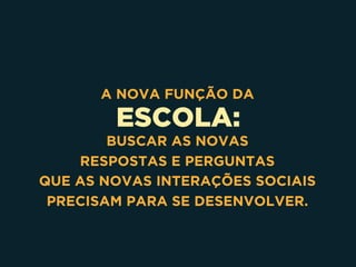 ESCOLA:
A NOVA FUNÇÃO DA
BUSCAR AS NOVAS 
RESPOSTAS E PERGUNTAS 
QUE AS NOVAS INTERAÇÕES SOCIAIS
PRECISAM PARA SE DESENVOLVER.
 