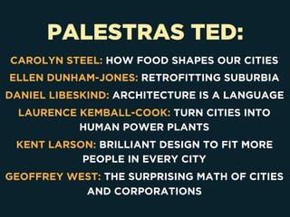PALESTRAS TED:
CAROLYN STEEL: HOW FOOD SHAPES OUR CITIES
ELLEN DUNHAM-JONES: RETROFITTING SUBURBIA
DANIEL LIBESKIND: ARCHITECTURE IS A LANGUAGE
LAURENCE KEMBALL-COOK: TURN CITIES INTO
HUMAN POWER PLANTS
KENT LARSON: BRILLIANT DESIGN TO FIT MORE
PEOPLE IN EVERY CITY
GEOFFREY WEST: THE SURPRISING MATH OF CITIES
AND CORPORATIONS
 
