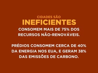 CIDADES SÃO
INEFICIENTES
CONSOMEM MAIS DE 75% DOS
RECURSOS NÃO-RENOVÁVEIS. 
PRÉDIOS CONSOMEM CERCA DE 40%
DA ENERGIA NOS EUA, E GERAM 38%
DAS EMISSÕES DE CARBONO.
 