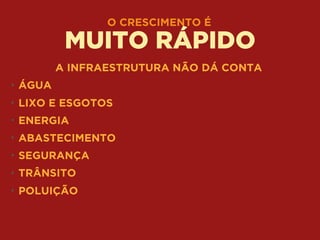 O CRESCIMENTO É
MUITO RÁPIDO
A INFRAESTRUTURA NÃO DÁ CONTA
• ÁGUA
• LIXO E ESGOTOS
• ENERGIA
• ABASTECIMENTO
• SEGURANÇA
• TRÂNSITO
• POLUIÇÃO
 