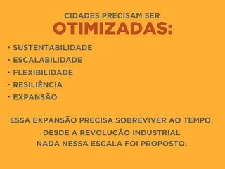 CIDADES PRECISAM SER
OTIMIZADAS:
• SUSTENTABILIDADE
• ESCALABILIDADE
• FLEXIBILIDADE
• RESILIÊNCIA
• EXPANSÃO 
ESSA EXPANSÃO PRECISA SOBREVIVER AO TEMPO.
DESDE A REVOLUÇÃO INDUSTRIAL 
NADA NESSA ESCALA FOI PROPOSTO.
 