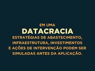 DATACRACIA
EM UMA
ESTRATÉGIAS DE ABASTECIMENTO,
INFRAESTRUTURA, INVESTIMENTOS 
E AÇÕES DE INTERVENÇÃO PODEM SER
SIMULADAS ANTES DA APLICAÇÃO.
 