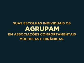 AGRUPAM
SUAS ESCOLHAS INDIVIDUAIS OS
EM ASSOCIAÇÕES COMPORTAMENTAIS
MÚLTIPLAS E DINÂMICAS.
 