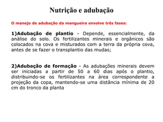 O manejo de adubação da mangueira envolve três fases:
1)Adubação de plantio - Depende, essencialmente, da
análise do solo. Os fertilizantes minerais e orgânicos são
colocados na cova e misturados com a terra da própria cova,
antes de se fazer o transplantio das mudas;
2)Adubação de formação - As adubações minerais devem
ser iniciadas a partir de 50 a 60 dias após o plantio,
distribuindo-se os fertilizantes na área correspondente a
projeção da copa, mantendo-se uma distância mínima de 20
cm do tronco da planta
Nutrição e adubação
 