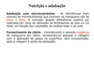 Adubação com micronutrientes - As deficiências mais
comuns de micronutrientes que ocorrem na mangueira são de
zinco e boro. A correção dessas deficiências poderá ser
realizada por meio da aplicação de fertilizantes ao solo ou via
foliar, em função dos resultados de análise foliar e de solo.
Fornecimento de cálcio - Considerando a elevada exigência
da mangueira em cálcio, recomenda-se associar a calagem
com a aplicação de gesso na superfície, sem incorporação,
após a calagem e antes da adubação.
Nutrição e adubação
 
