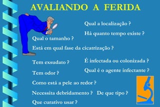 AVALIANDO  A  FERIDA Qual o tamanho ? Qual a localização ? Há quanto tempo existe ? É infectada ou colonizada ? Qual é o agente infectante ? Necessita debridamento ?  De que tipo ? Que curativo usar ? Está em qual fase da cicatrização ? Como está a pele ao redor ? Tem odor ? Tem exsudato ?  