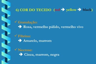 6) COR DO TECIDO Granulação:    Rosa, vermelho pálido, vermelho vivo Fibrina:    Amarelo, marrom Necrose:     Cinza, marrom, negra ( red      yellow      black ) 