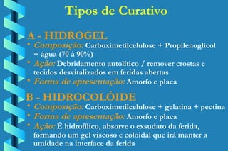 Tipos de Curativo A - HIDROGEL Composição:  Carboximetilcelulose + Propilenoglicol  + água (70 à 90%) Ação:  Debridamento autolítico / remover crostas e  tecidos desvitalizados em feridas abertas Forma de apresentação:  Amorfo e placa B - HIDROCOLÓIDE Composição:  Carboximetilcelulose + gelatina + pectina Forma de apresentação:  Amorfo e placa Ação:  É hidrofílico, absorve o exsudato da ferida,  formando um gel viscoso e coloidal que irá manter a  umidade na interface da ferida 