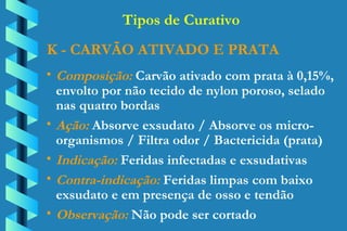 K - CARVÃO ATIVADO E PRATA Composição:  Carvão ativado com prata à 0,15%,  envolto por não tecido de nylon poroso, selado  nas quatro bordas Ação:  Absorve exsudato / Absorve os micro- organismos / Filtra odor / Bactericida (prata) Indicação:  Feridas infectadas e exsudativas Contra-indicação:  Feridas limpas com baixo  exsudato e em presença de osso e tendão Observação:  Não pode ser cortado Tipos de Curativo 