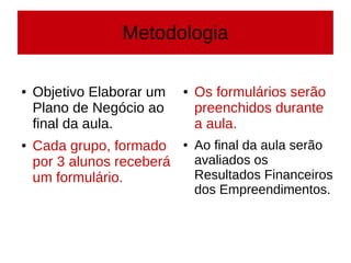 Metodologia
● Objetivo Elaborar um
Plano de Negócio ao
final da aula.
● Cada grupo, formado
por 3 alunos receberá
um formulário.
● Os formulários serão
preenchidos durante
a aula.
● Ao final da aula serão
avaliados os
Resultados Financeiros
dos Empreendimentos.
 