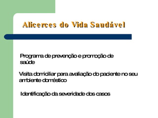 Alicerces do Vida Saudável Programa de prevenção e promoção de saúde Visita domiciliar para avaliação do paciente no seu ambiente doméstico Identificação da severidade dos casos 