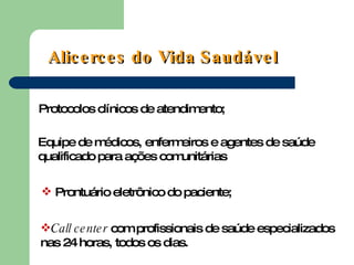 Alicerces do Vida Saudável Protocolos clínicos de atendimento; Equipe de médicos, enfermeiros e agentes de saúde qualificado para ações comunitárias Prontuário eletrônico do paciente; Call center  com profissionais de saúde especializados nas 24 horas, todos os dias. 
